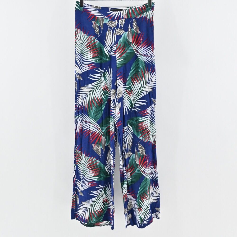 THE SANG Pants Womens Size‎ M Blue Tropical Print High Rise Wide Leg Beach Boho